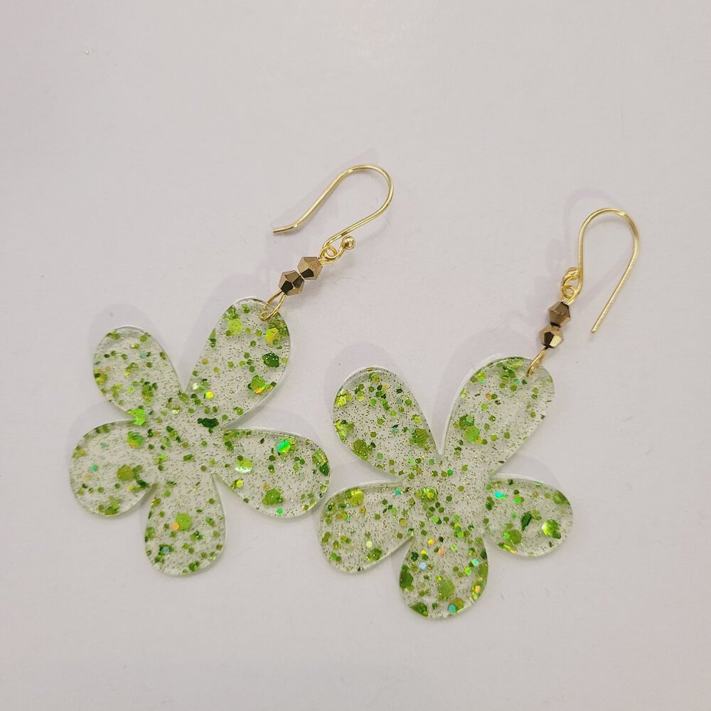 Handmade Green Glitter Resin Flower Earrings - Boho Floral Drop Earrings